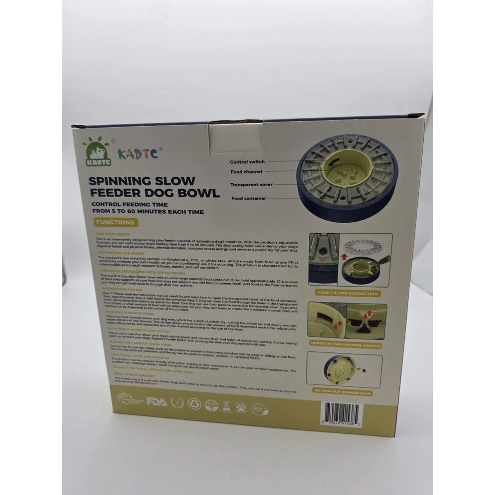 Kadtc Dog Slow Rotating Bowl Feeder Adjustable Speed, Washable, New In Box